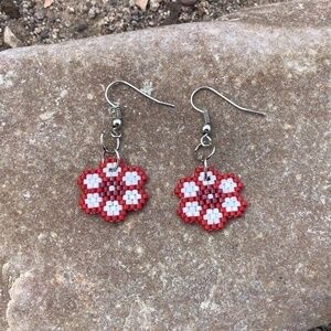 Red and White Beaded Flowers, New, Handmade by Me